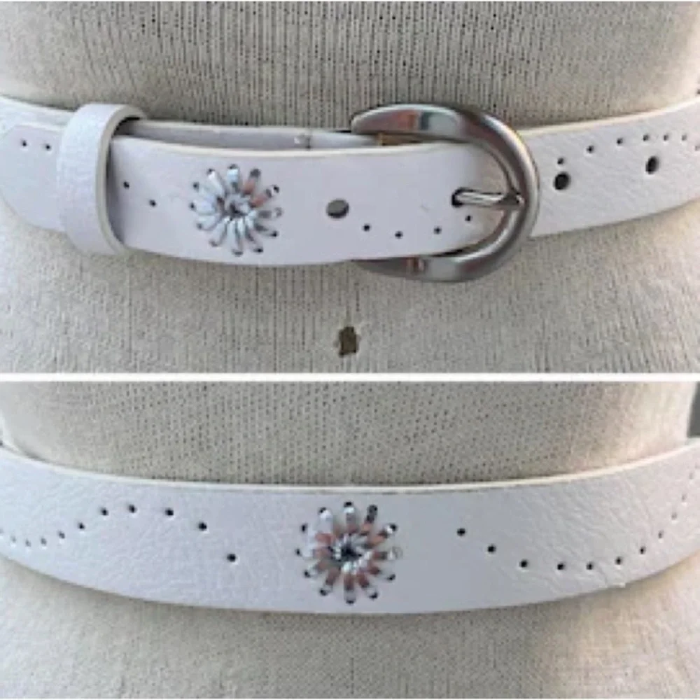 White Belt, Vintage Hole Patterned Belt, Silver Tone Buckle